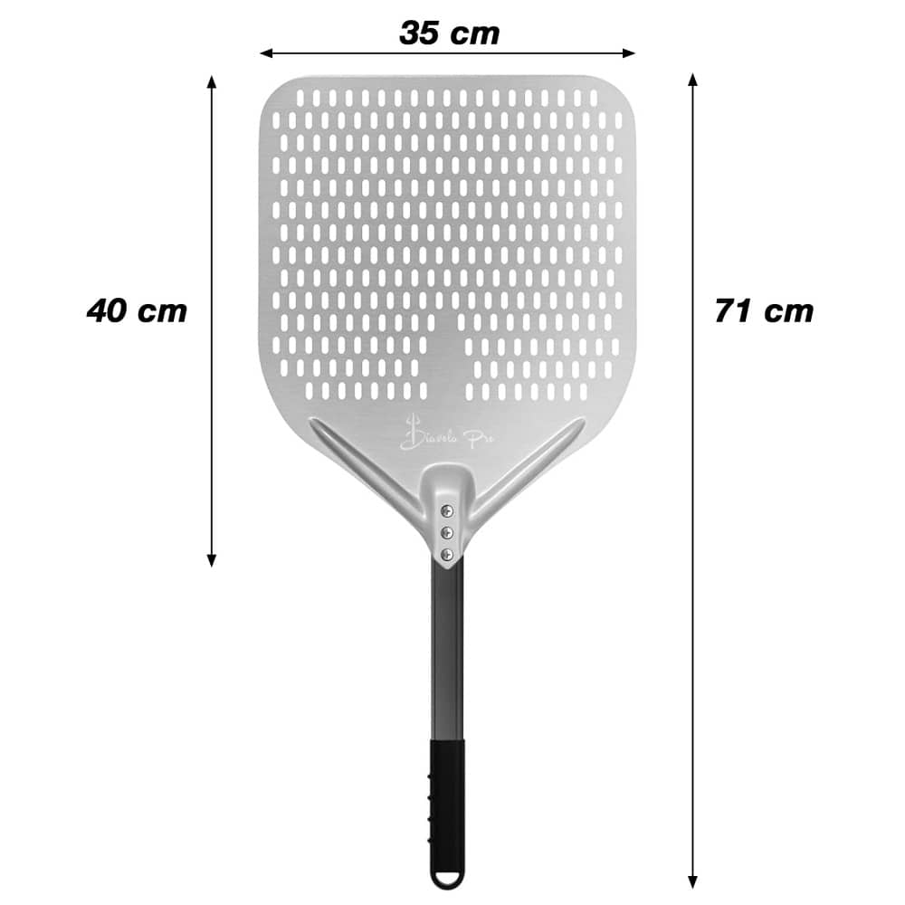 Perforált alumínium pizzalapát levehető nyéllel – 35 × 40 cm